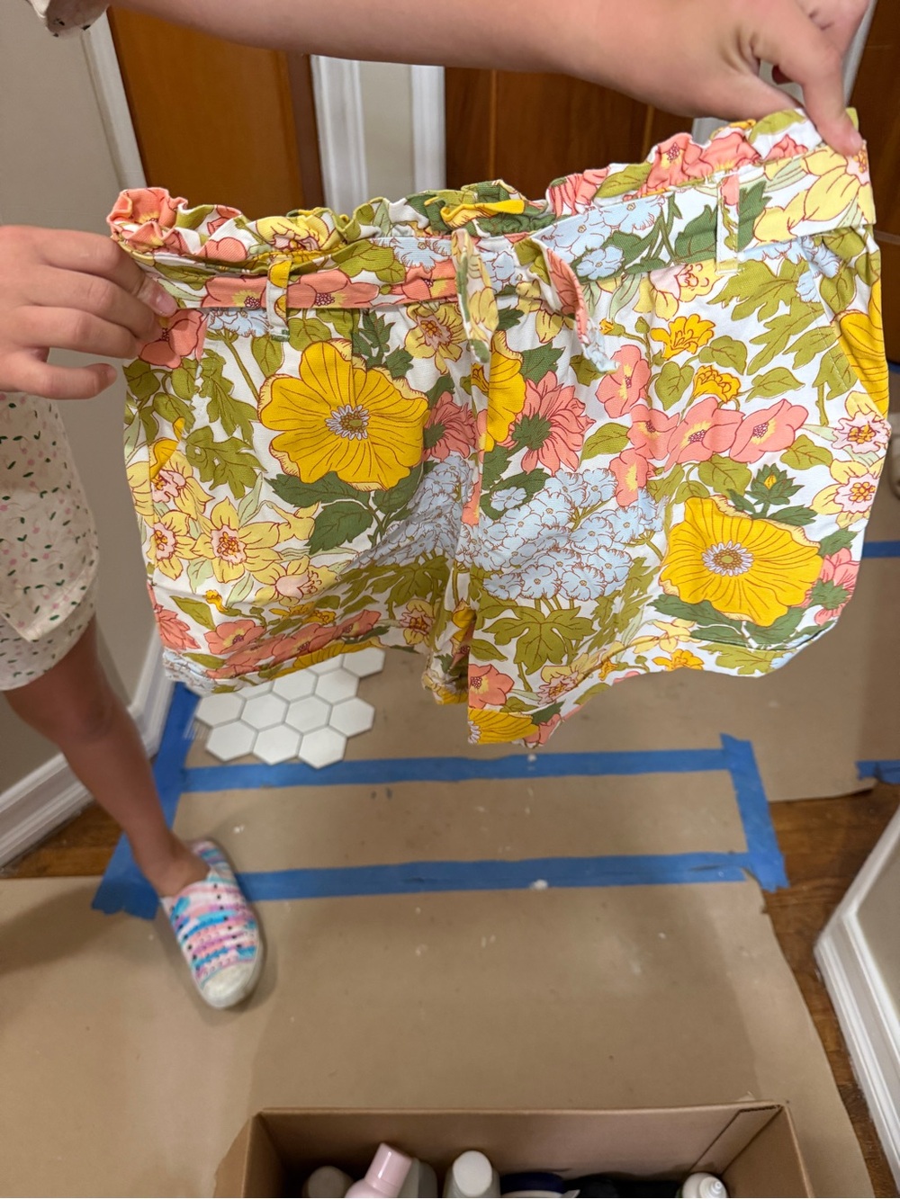 Floral Paperbag Waist Women's Shorts - Yellow & Pink Floral